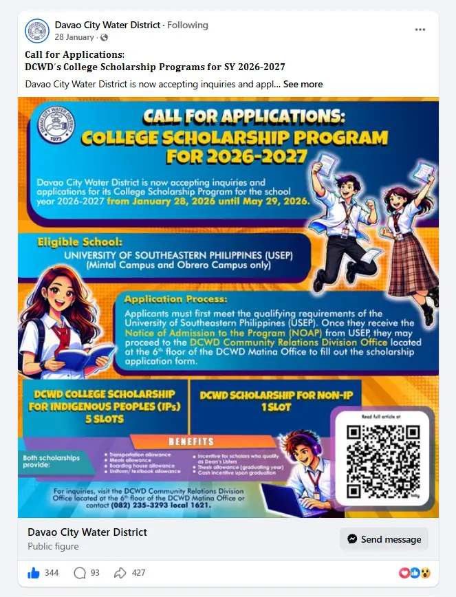 Official Announcement of DCWD College Scholarship 2026-2027 program