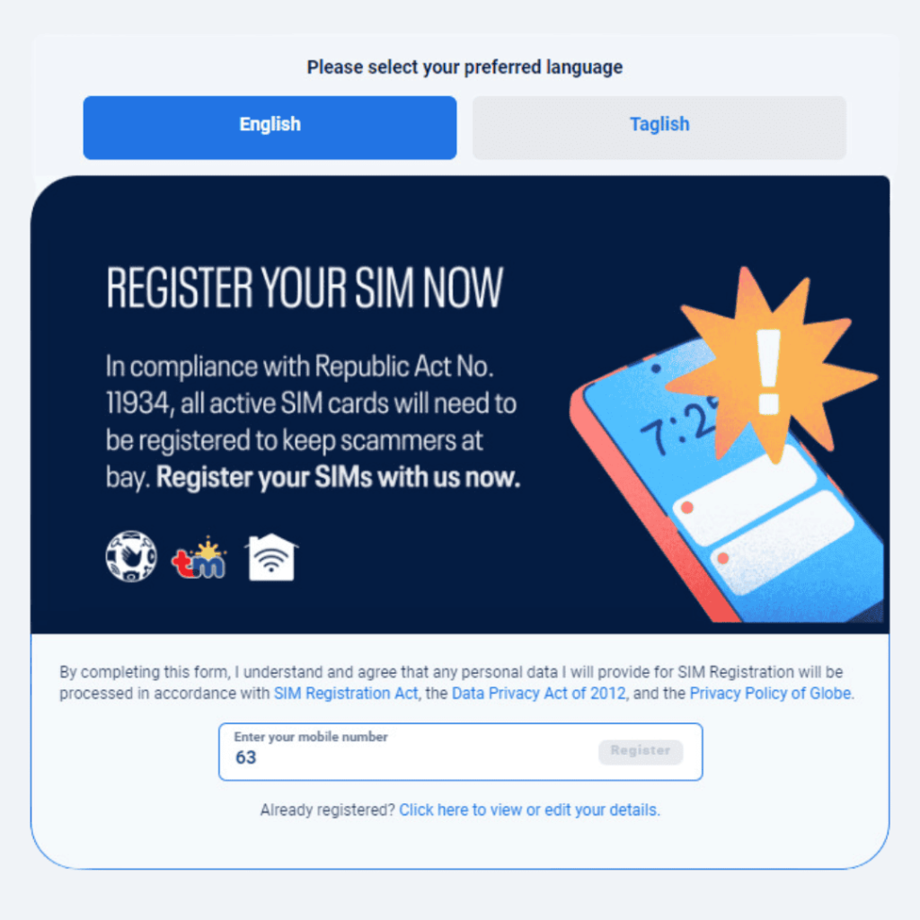 tm sim register